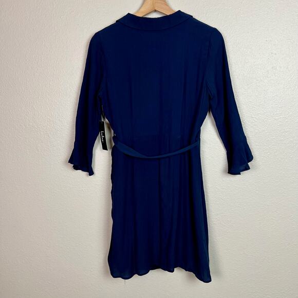 Lulus‎ Cardwell Navy Blue Flounce Sleeve Wrap Mini Dress Size Medium NWT - Picture 9 of 11